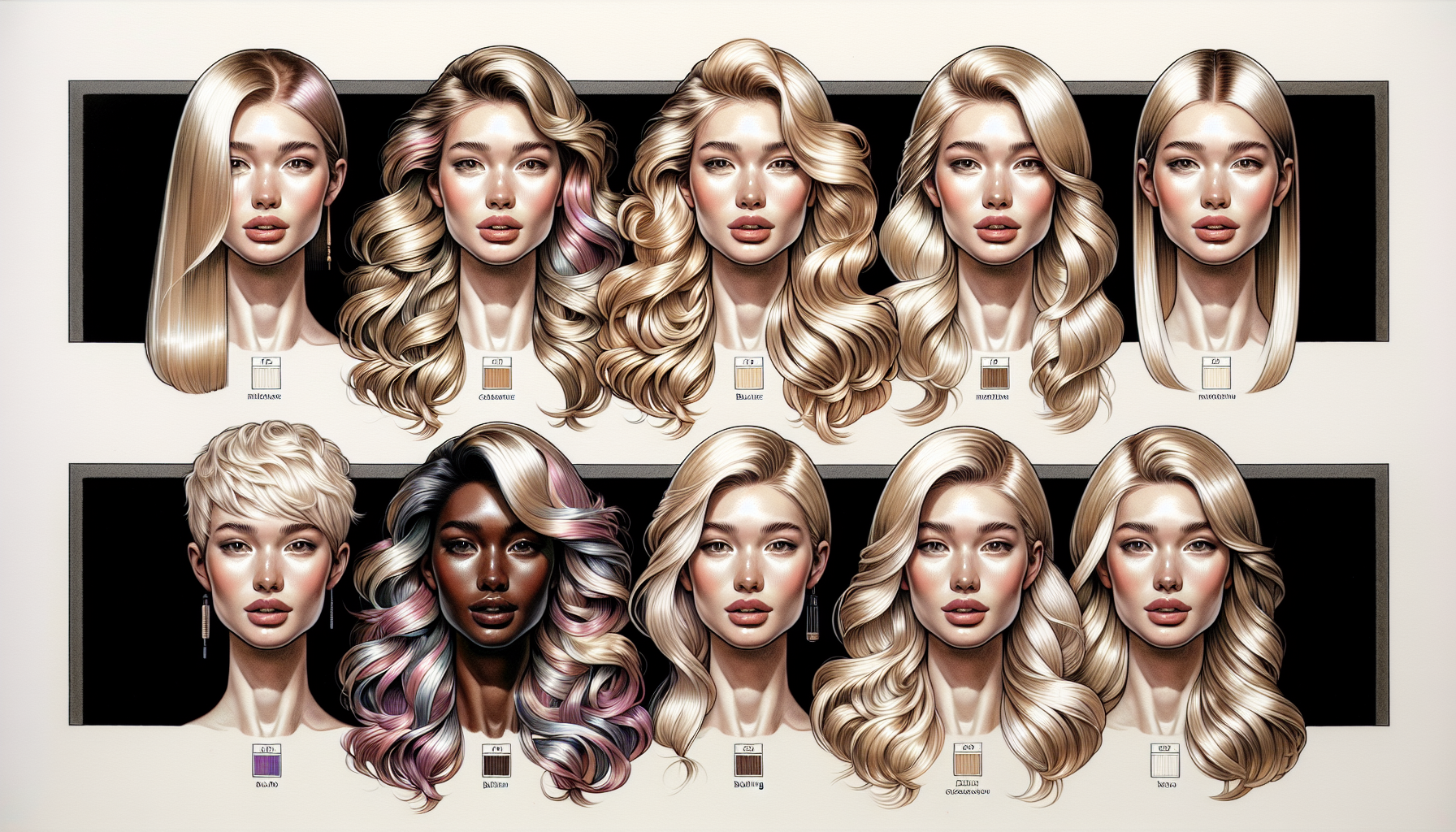 Illustration of balayage, foiling, and babylights hair coloring techniques